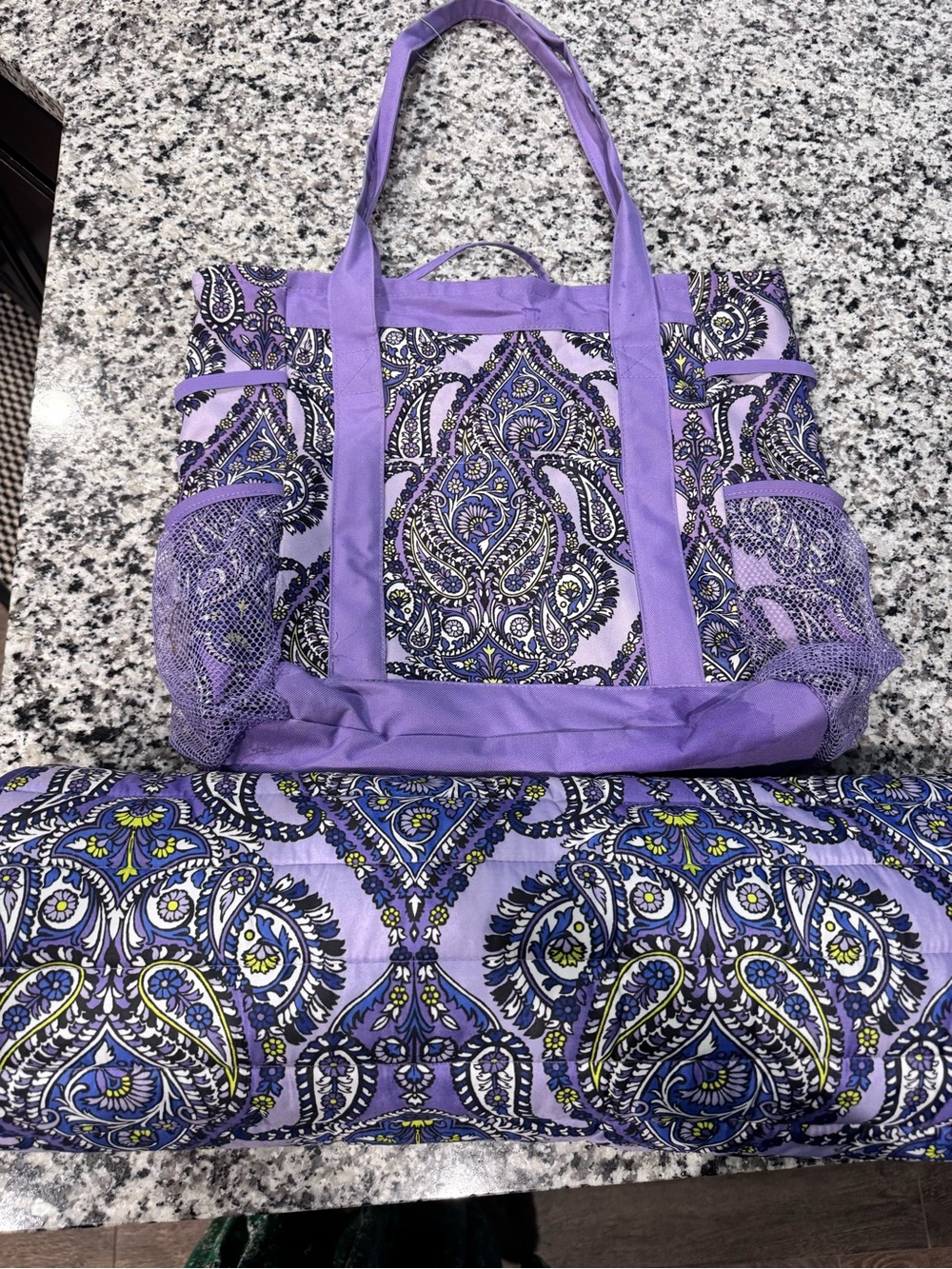 Purple Paisley beach Tote Bag with Matching Roll-Up Mat